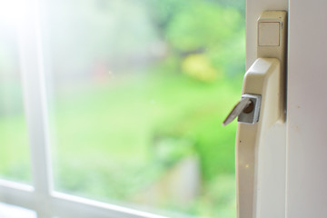 Window with view of summer backyard 
