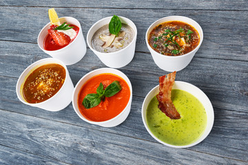 Variety of soups from different cuisines at blue wood
