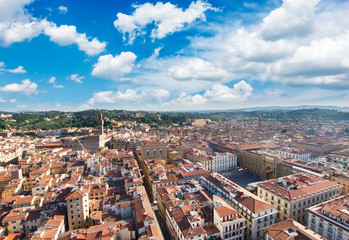 Fototapeta premium Florence cityscape with palazzo Vecchio and square of Republic under blue sky, Tuscany, Italy