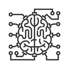Brain as central processing unit with elements of printed circuit board. Line style icon. Artificial intelligence concept