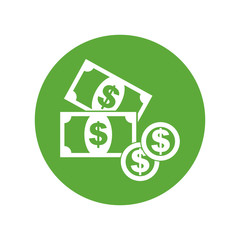 Money icon. Coins flat vector illustration on green background