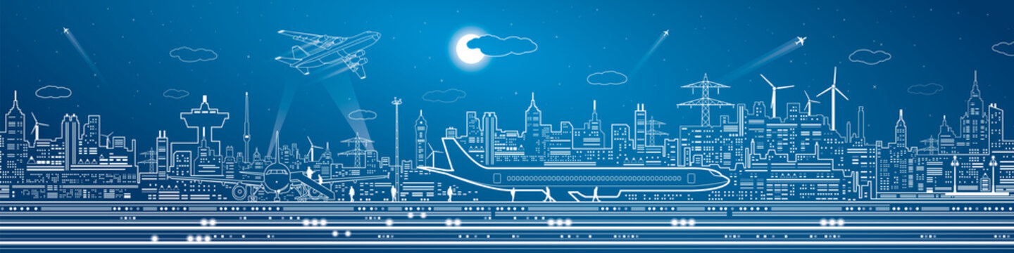 Airport mega panorama, aircraft on runway, airplane takeoff, transport and infrastructure, night city on background, vector design art