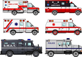 Set of different fire truck, police and ambulance cars in flat style isolated on white background. Differences silhouette illustration of special machines. Vector illustration. © yustus