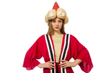 Fototapeta premium Woman wizard in red clothing isolated on white