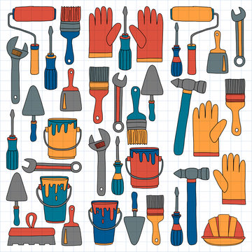 Repair and renovation tools Hand drawn vector icons