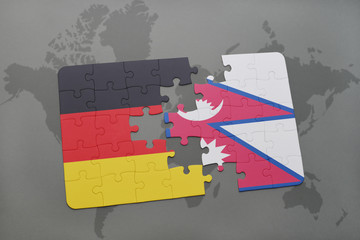 puzzle with the national flag of germany and nepal on a world map background.