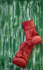 Pair of boxing gloves on wooden planks background