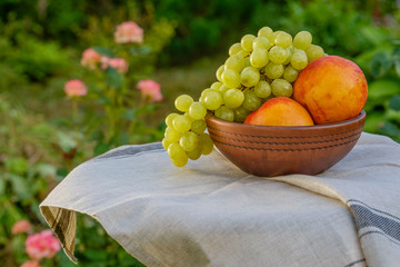 Fresh juicy fruit in a clay pot on a natural background. Grapes. Nectarine.