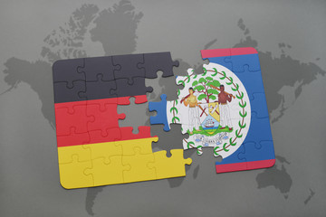puzzle with the national flag of germany and belize on a world map background.