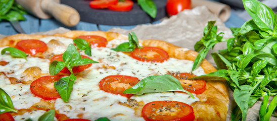 Pizza Margherita on dark wooden background