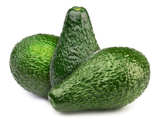 Group of three green avocados isolated on white background, with clipping path