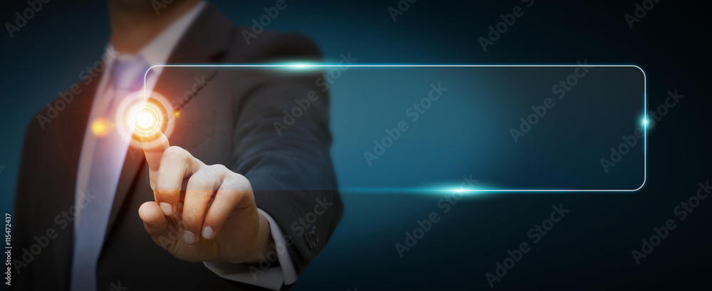 Poster businessman using tactile interface web address bar to surf on i