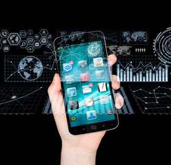 Businesswoman using digital mobile phone charts interface