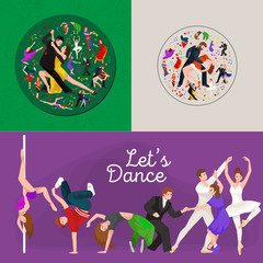 Dancing People, Dancer Bachata, Hiphop, Salsa, Indian, Ballet, Strip, Rock and Roll, Break, Flamenco, Tango, Contemporary, Belly Dance Pictogram Icon. Dancing style of design concept set