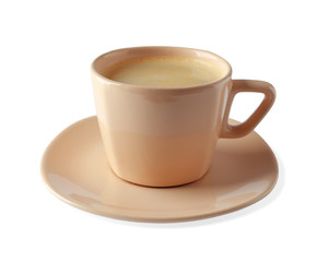 Cup of coffee with foam on light background
