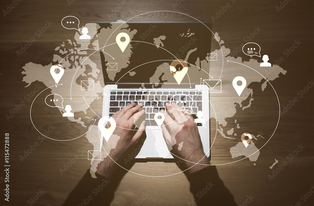 Poster man using laptop with network