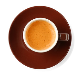 Brown cup of coffee and saucer on white background
