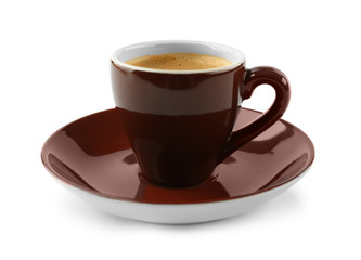 Brown cup of coffee and saucer on white background