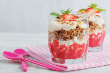 Dessert with fresh berries, cottage  cheese, granola and berries