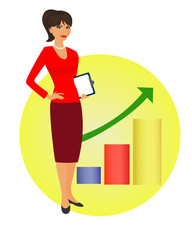 Political strategist is standing on the background of the rising graph.  Specialist in public relations,  coordinator, PR Manager and etc.  Isolated vector illustration. Vertical location.