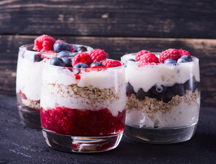 yogurt with oatmeal , blueberries , raspberries and strawberries