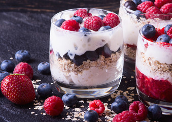 yogurt with oatmeal , blueberries , raspberries and strawberries