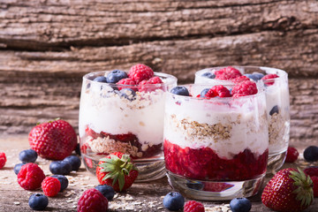 yogurt with oatmeal , blueberries , raspberries and strawberries