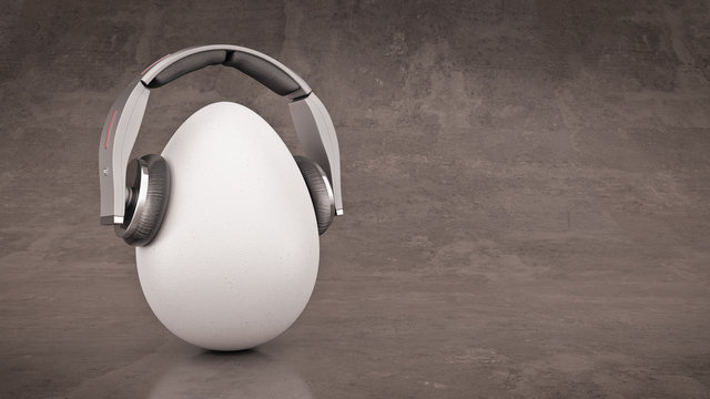 Unusual cartoon egg in headphones. 3d rendering