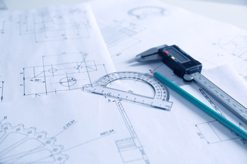 Set of engineering drawings closeup