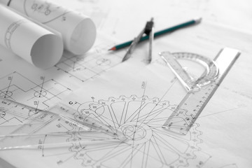 Set of engineering drawings closeup