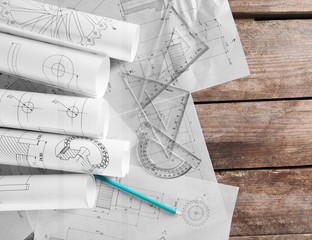 Set of engineering drawings with tools, top view