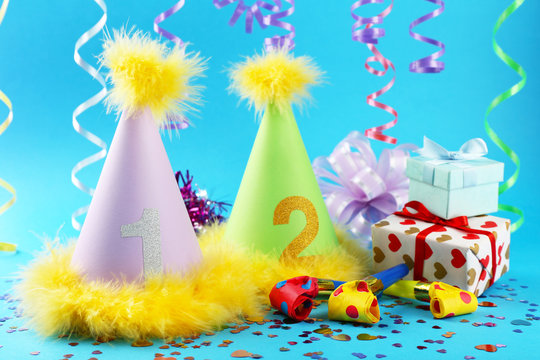 Party hats cone on color background