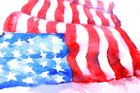 Watercolor painting of American national flag, close up