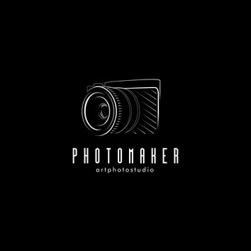 Isolated black photo camera vector illustration. Photographer equipment logo.