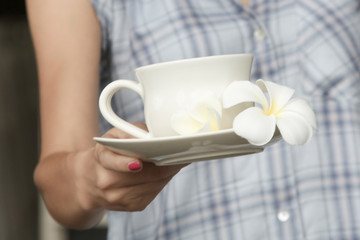 Close up image of female hands holding white ceramic cup