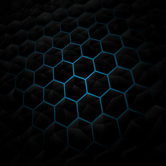 Abstract black Hexagon pattern background. Blue lighting. Geomet