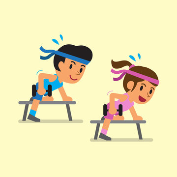 Cartoon man and woman doing dumbbell row exercise