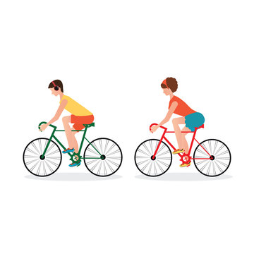 Couple Riding Bicycles isolated on white background.
