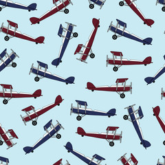 Background red and blue Old authentic vintage stylized cartoon retro airplane.