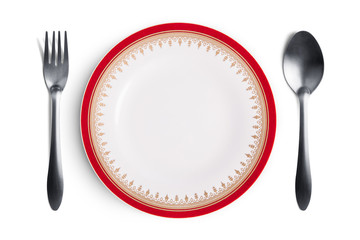 White plate with silver fork and spoon with clipping path