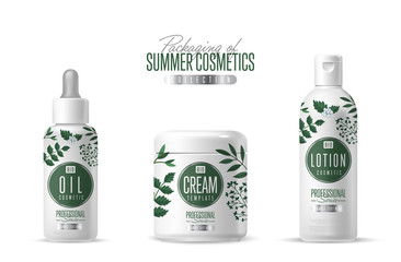 Organic cosmetic brand vector packaging template, body care product. Oil, lotion or soap, shampoo, cream. Realistic bottle mock up set, isolated pack on white background.