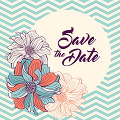 Save the Date card. Flowers on chevron background.