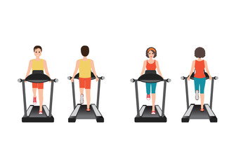Young adult man and woman running on treadmill.