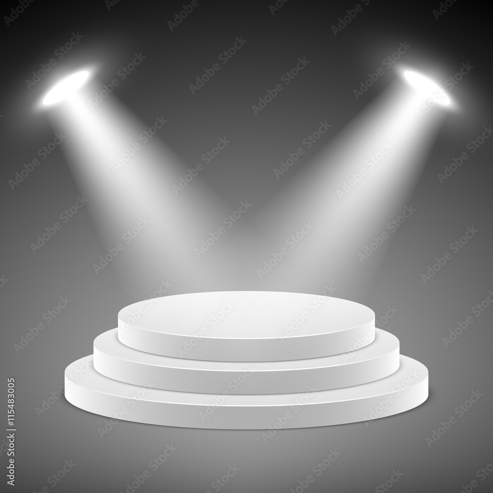 Sticker Realistic pedestal, 3d empty podium with spotlights vector illustration. Stage empty with spotlight and realistic stage platform for presentation