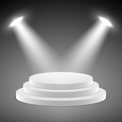 Obraz premium Realistic pedestal, 3d empty podium with spotlights vector illustration. Stage empty with spotlight and realistic stage platform for presentation