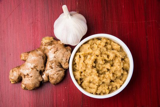 Ginger And Garlic Paste Or Puree With 1 Ginger And 1 Garlic, Closeup, Selective Focus, Isolated