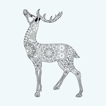 Hand drawn Christmas deer on white background.