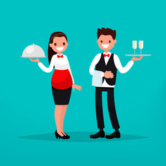 Waiter and waitress restaurant. Vector illustration