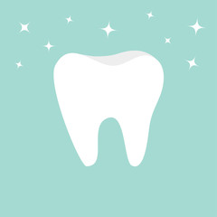 Tooth icon. Healthy tooth. Oral dental hygiene. Children teeth care. Shining effect stars. Tooth health. Blue background. Flat design.