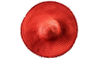 Woman`s summer red straw hat isolated on white background